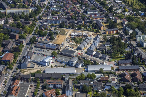 Aerial view, Horten C&A wasteland, new construction of 139 rental flats, Mörs, Ruhr area, North Rhine-Westphalia, Germany, DE, Europe, birds-eyes, view, aerial photography, aerial photography, overview, overview, bird's eye view, living, flat, houses, residential buildings, housing estate, settlement