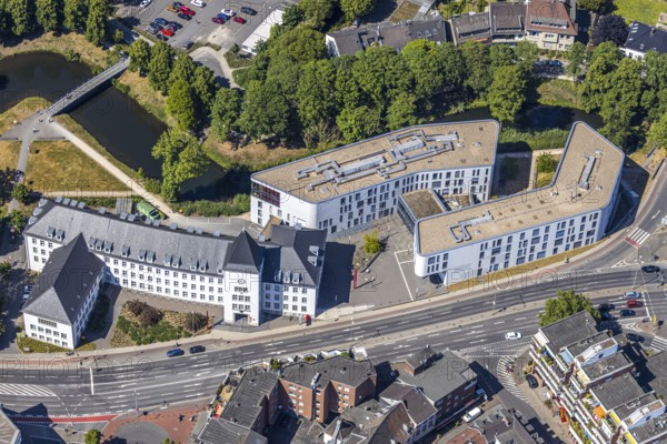 Aerial view, town hall Mörs, Stadtgraben, Unterwallstraße, Mörs, Ruhr area, North Rhine-Westphalia, Germany, DE, Europe, birds-eyes, view, aerial photography, aerial photography, overview, bird's eye view, citizen's office, citizens' office, identity card, passport, driving licence, registry office, registry office, town hall