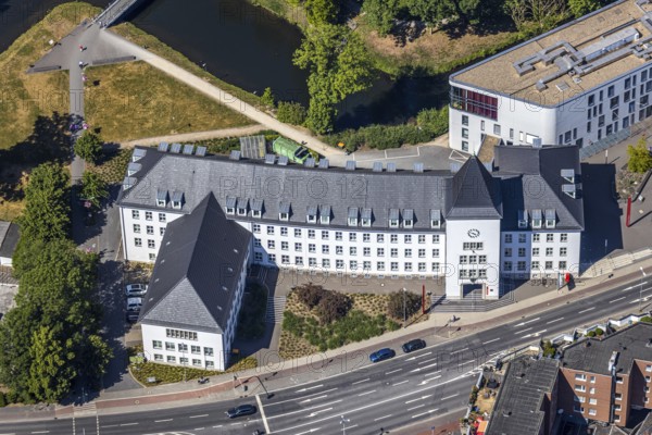 Aerial view, town hall Mörs, Stadtgraben, Unterwallstraße, Mörs, Ruhr area, North Rhine-Westphalia, Germany, DE, Europe, birds-eyes, view, aerial photography, aerial photography, overview, bird's eye view, citizen's office, citizens' office, identity card, passport, driving licence, registry office, registry office, town hall