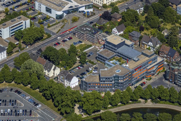 Aerial view, Sparkasse Ostring, scaffolding building Wilhelm-Schroeder-Straße 1, Mörs, Ruhr area, North Rhine-Westphalia, Germany, DE, Europe, birds-eyes, view, aerial photography, aerial photography, overview, overview, bird's eye view, bank, money, interest, capital, loan, money economy, stock exchange, investor, means of payment, finance