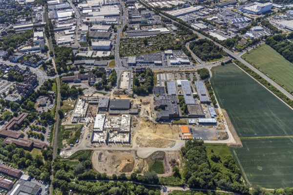 Aerial photo, Berufskolleg für Technik Mörs, construction site of new school building, vocational college campus, joint campus of the vocational college for technology, the Hermann-Gmeiner vocational college, the Mercator vocational college and the specialised seminar for geriatric care, Mörs, Ruhr area, North Rhine-Westphalia, Germany, DE, Europe, birds-eyes, view, aerial photograph, aerial photography, aerial photography, overview, overview, bird's eye view, vocational school, training, profession, apprenticeship, technical college