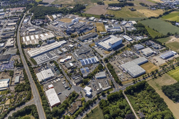 Aerial view, commercial area Moers-Hülsdonk, industrial area, Repelener Straße, Rheurdter Straße, Mörs, Ruhr area, North Rhine-Westphalia, Germany, DE, Europe, birds-eyes, view, aerial photograph, aerial photography, aerial photography, overview, overview, bird's eye view, industry, trade, economy, commercial enterprise, production, trade, manufacturing