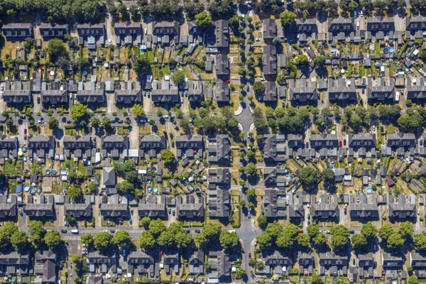 Aerial photograph, miners' housing estate Moseler Straße, Lippestraße, Marienburger Straße, backyard, allotment gardens, historical miners' housing estate, Meerbeck, Mörs, Ruhr area, North Rhine-Westphalia, Germany, DE, Europe, birds-eyes, view, aerial photograph, aerial photography, aerial photography, overview, overview, bird's eye view, living, flat, houses, residential buildings, housing estate, settlement