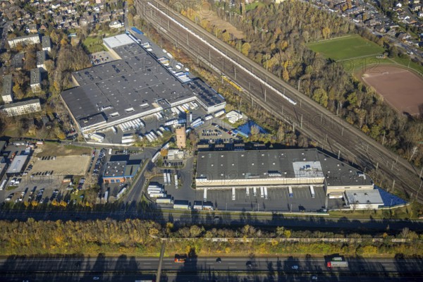 Aerial photo, Edeka logistics centre, Moers-Asberg, Mörs, Ruhr area, North Rhine-Westphalia, Germany, Chemnitzer Straße, DE, Europe, freight transport, logistics, logistics service, logistics provider, logistics centre, aerial photo, aerial photography, aerial photography, freight forwarding, transport, transport service, overview, bird's-eye view, overview