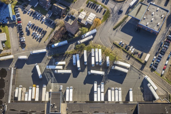Aerial view, trucks at Edeka logistics centre, Moers-Asberg, Moers, Ruhr area, North Rhine-Westphalia, Germany, Chemnitzer Strasse, DE, Europe, freight transport, logistics, logistics service, logistics provider, logistics centre, aerial view, aerial photography, aerial photography, freight forwarding, transport, transport service, overview, bird's-eye view, overview