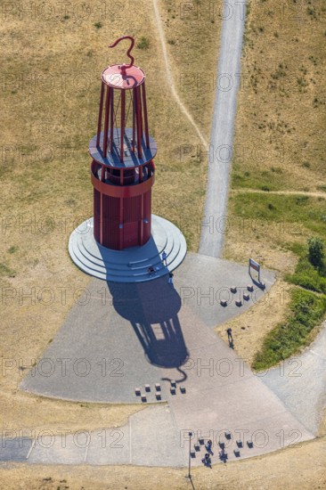 Aerial photograph, Rheinpreussen spoil tip, Das Geleucht, pit lamp, art object by Otto Piene on the Rheinpreussen spoil tip, the largest mining artwork in the world, Mörs, Ruhr area, North Rhine-Westphalia, Germany, DE, Europe, birds-eyes, view, aerial photograph, aerial photography, aerial photography, overview, overview, bird's eye view, mining, overburden, coal, colliery
