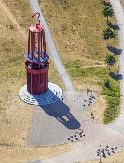 Aerial photograph, Rheinpreussen spoil tip, Das Geleucht, pit lamp, art object by Otto Piene on the Rheinpreussen spoil tip, the largest mining artwork in the world, Mörs, Ruhr area, North Rhine-Westphalia, Germany, DE, Europe, birds-eyes, view, aerial photograph, aerial photography, aerial photography, overview, overview, bird's eye view, mining, overburden, coal, colliery