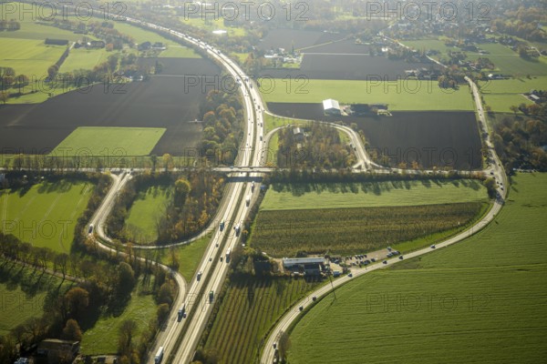 Aerial view, motorway A57, junction Moers-Kapellen, Kapellen-Achterathsheide, Mörs, Ruhr area, North Rhine-Westphalia, Germany, junction, DE, Europe, aerial view, aerial photography, aerial photography, overview, bird's-eye view, meadows and fields, birds-eyes view, overview