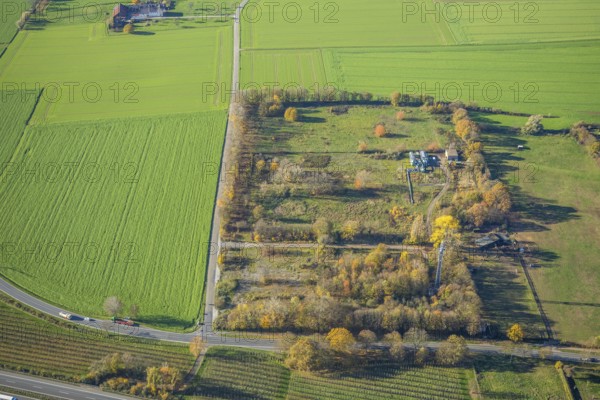 Aerial view, plant in the field, Luiter Straße, Kapellen-Achterathsheide, Mörs, Ruhr area, North Rhine-Westphalia, Germany, DE, Europe, green trees, aerial view, aerial photography, aerial photography, overview, bird's eye view, meadows and fields, birds-eyes view, overview