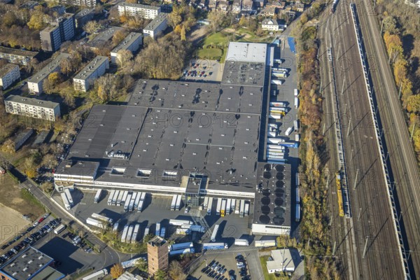 Aerial photo, Edeka logistics centre, Moers-Asberg, Mörs, Ruhr area, North Rhine-Westphalia, Germany, Chemnitzer Straße, DE, Europe, freight transport, logistics, logistics service, logistics provider, logistics centre, aerial photo, aerial photography, aerial photography, freight forwarding, transport, transport service, overview, bird's-eye view, overview