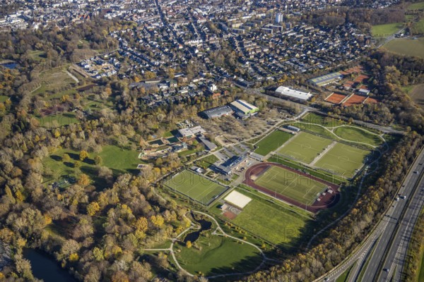 Aerial view, GroßSportanlage Filder Benden, GSV und MTV Mörs, Moers-Vinn, Mörs, Ruhr area, North Rhine-Westphalia, Germany, bathing establishment, bathing resort, DE, ENNI Eiswelt, ENNI Eventhalle, ENNI Solimare, Europe, outdoor swimming pool, football pitch, football stadium, football club, indoor swimming pool, aerial photography, aerial photography, swimming pool, swimming pool, sports, sports facilities, sports field, sports facility, stadium, tennis, tennis facility, tennis courts, tennis club, overview, bird's-eye view, overview