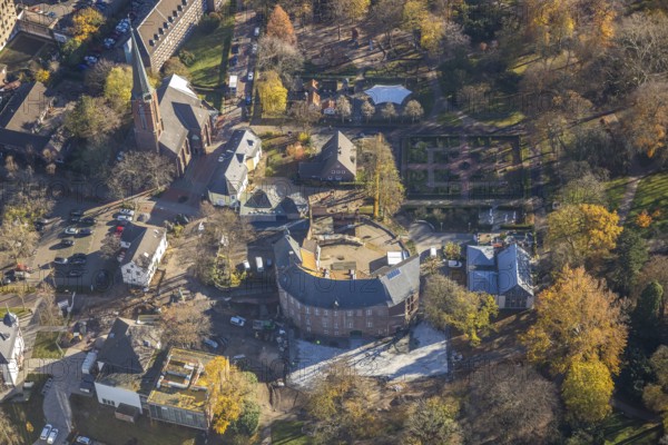 Aerial photograph, Mörs Castle, St Joseph's Catholic Church, Mörs, Ruhr area, North Rhine-Westphalia, Germany, DE, Europe, Grafschafter Museum, manor house, manor building, fort, aerial photograph, aerial photography, aerial photography, rose garden, castle, castle grounds, overview, bird's-eye view, overview