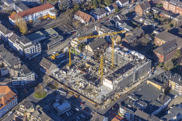 Aerial view, construction site new building Homberger Höfe, flats and commercial areas, formerly Horten, Mörs, Ruhr area, North Rhine-Westphalia, Germany, construction work, construction, construction area, building site, building plots, construction crane, construction measure, construction project, construction site, DE, Europe, commercial buildings, property tax, Homberger Straße, real estate, aerial view, aerial photography, aerial photography, new building, overview, bird's eye view, residential complex, living and living, residential area, residential buildings, birds-eyes view, overview