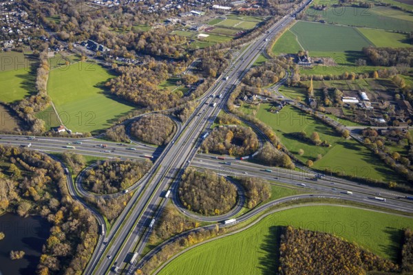Aerial view, motorway junction Mörs, A40, A57, Moers-Hülsdonk, Mörs, Ruhr area, North Rhine-Westphalia, Germany, motorway A40, motorway A57, motorway junction, DE, Europe, shapes and colours, green trees, autumn colours, aerial view, aerial photography, aerial photography, overview, bird's-eye view, overview