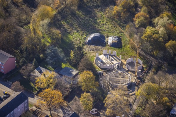 Aerial view, construction site kindergarten Orchideenstraße, Kapellen-Achterathsfeld, Mörs, Ruhr area, North Rhine-Westphalia, Germany, construction, construction area, building site, building plots, construction project, construction site, DE, Europe, aerial view, aerial photography, aerial photography, overview, bird's-eye view, overview