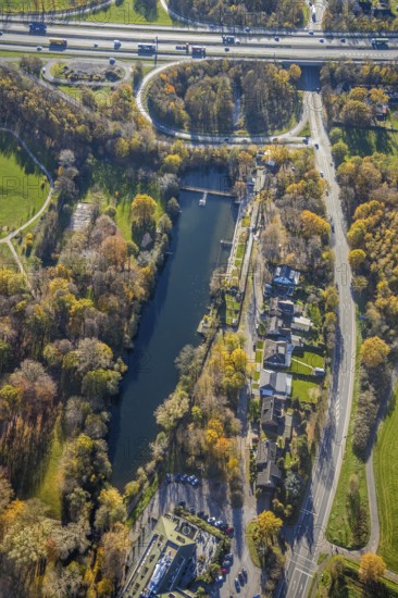 Aerial photo, Bettenkamper Meer, Fildmeer, Naturfreibad Bettenkamp, Moers-Vinn, Mörs, Ruhr area, North Rhine-Westphalia, Germany, Aubruchkanal, motorway A40, DE, Europe, canal, Krefelder Straße, aerial photo, aerial photography, aerial photography, overview, bird's-eye view, birds-eyes view, overview