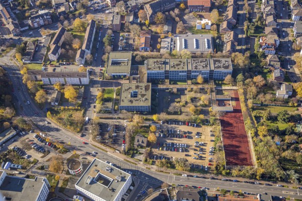 Aerial photo, Mercator Berufskolleg, Mörs, Ruhr area, North Rhine-Westphalia, Germany, An der Berufsschule, vocational school, education, educational institution, DE, Europe, college school, teaching institute, aerial photo, aerial photography, aerial photography, school, overview, bird's eye view, birds-eyes view, overview