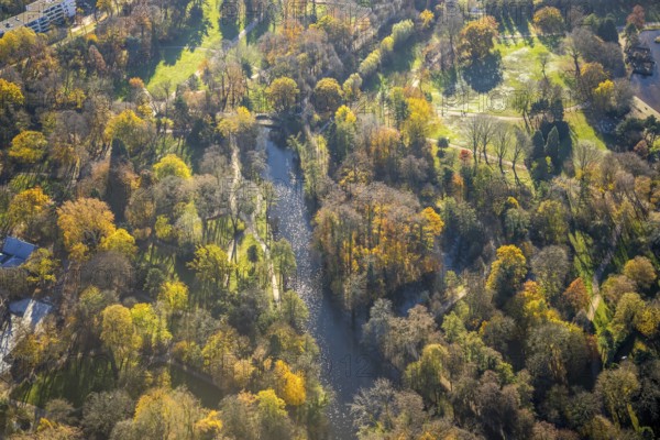 Aerial view, castle park, moat, Mörs, Ruhr area, North Rhine-Westphalia, Germany, DE, Europe, green trees, autumn colours, aerial view, aerial photography, aerial photography, overview, bird's eye view, birds-eyes view, overview