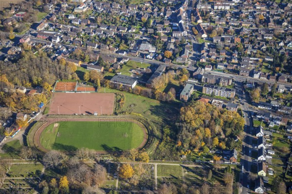 Aerial view, sports field Rheinpreußenstadion, Rheinkamp-Meerbeck, Mörs, Ruhr area, North Rhine-Westphalia, Germany, DE, Europe, football field, football stadium, football club, aerial view, aerial photography, aerial photography, sports, sports facilities, sports field, sports facility, stadium, overview, bird's-eye view, overview