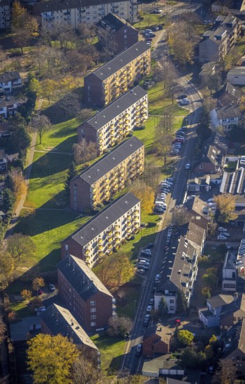 Aerial view, housing estate terraced houses Voßrather Straße, Mörs, Ruhr area, North Rhine-Westphalia, Germany, DE, Europe, shapes and colours, property tax, real estate, aerial view, aerial photography, aerial photography, apartment buildings, terraced houses, overview, bird's-eye view, housing estate, living and living, residential area, residential buildings, residential quality, residential quarter, housing estate, birds-eyes view, overview