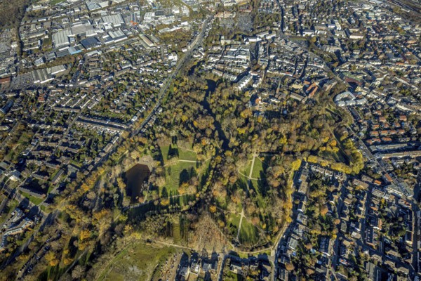 Aerial view, castle park, Mörs castle, Mörs, Ruhr area, North Rhine-Westphalia, Germany, DE, Europe, autumn colours, aerial view, aerial photography, aerial photography, Moersbach, park, park grounds, castle, castle grounds, castle garden, moat, overview, bird's-eye view, bird's-eye view, overview
