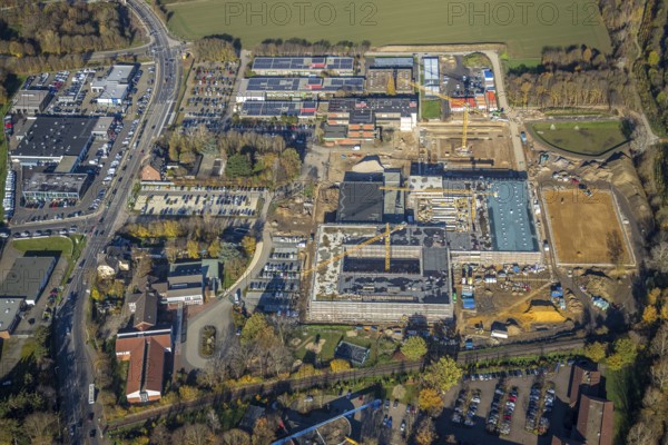 Aerial view, construction site, new school building, vocational college campus for technology Mörs, Mörs, Ruhr area, North Rhine-Westphalia, Germany, construction work, construction, construction area, building site, building plots, construction project, construction site, vocational school, education, educational institution, DE, Europe, educational institute, aerial photograph, aerial photography, aerial photography, new building, Repelener Straße, school, overview, bird's eye view, bird's eye view, overview