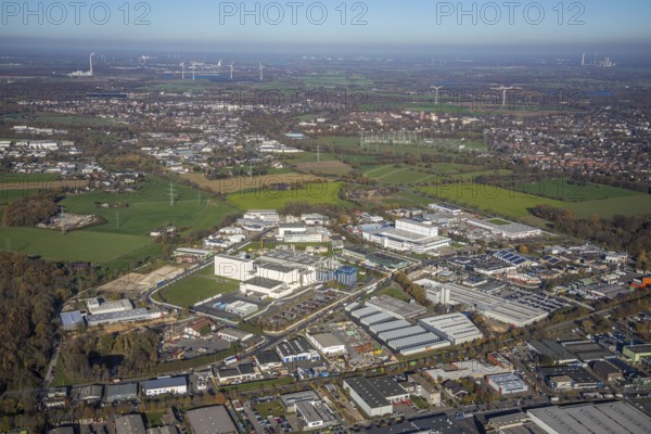 Aerial view, industrial estate Hülsdonk-Nord, Moers-Hülsdonk, Mörs, Ruhr area, North Rhine-Westphalia, Germany, Bullermannshof, DE, Europe, distant view, commercial enterprises, commercial area, industrial estate, commercial park, commercial location, commercial use, industrial area, industrial building, industrial location, aerial view, aerial photography, aerial photography, horse pasture, overview, bird's eye view, wind turbines, birds-eyes view, overview