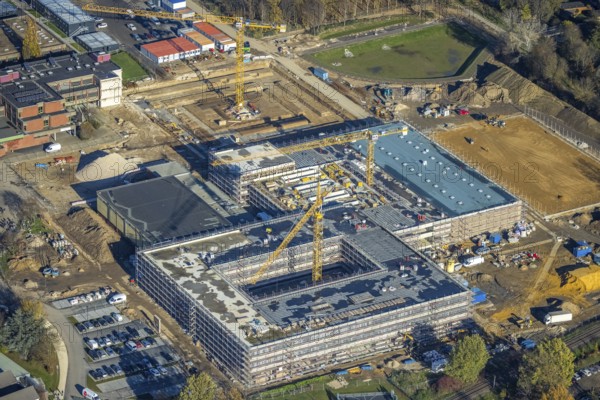Aerial view, construction site, new school building, vocational college campus for technology Mörs, Mörs, Ruhr area, North Rhine-Westphalia, Germany, construction work, construction, construction area, building site, building plots, construction project, construction site, vocational school, education, educational institution, DE, Europe, educational institute, aerial photograph, aerial photography, aerial photography, new building, Repelener Straße, school, overview, bird's eye view, bird's eye view, overview