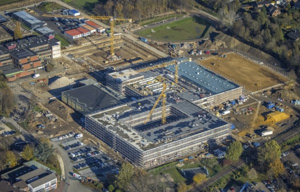 Aerial view, construction site, new school building, vocational college campus for technology Mörs, Mörs, Ruhr area, North Rhine-Westphalia, Germany, construction work, construction, construction area, building site, building plots, construction project, construction site, vocational school, education, educational institution, DE, Europe, educational institute, aerial photograph, aerial photography, aerial photography, new building, Repelener Straße, school, overview, bird's eye view, bird's eye view, overview