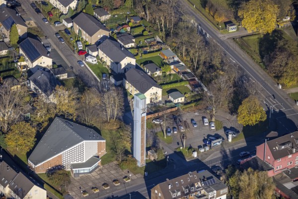 Aerial view, protestant church Meerbeck, Rheinkamp-Meerbeck, Mörs, Ruhr area, North Rhine-Westphalia, Germany, place of worship, Bismarckstraße, DE, Europe, religious community, place of worship, holy place, church, parish, denomination, aerial view, aerial photography, aerial photography, religion, religious site, overview, bird's-eye view, bird's-eye view, overview