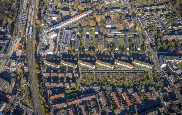 Aerial view, Mörs residential and care centre, Homberger Straße housing estate, Tannenbergstraße, Mörs railway station, Mörs, Ruhr area, North Rhine-Westphalia, Germany, railway station, Mörs railway station, DE, Deutsche Bahn AG, Europe, healthcare, main railway station, main station, Lotharstraße, aerial view, aerial photography, aerial photography, medical facility, medical assistance, apartment buildings, emergency service, care service, terraced houses, overview, bird's-eye view, bird's-eye view, overview, medical care