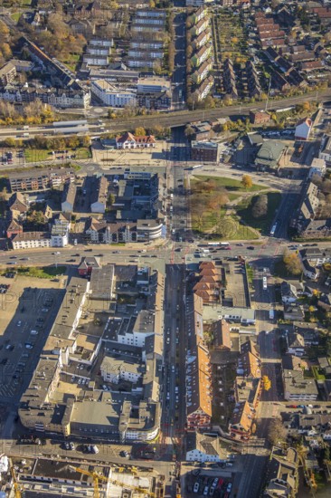 Aerial view, Mörs railway station, Augustastraße to Klever Straße, Mörs, Ruhr area, North Rhine-Westphalia, Germany, railway tracks, railway station, station forecourt, construction crane, DE, Deutsche Bahn AG, Europe, Friedrich-Ebert-Platz, commercial buildings, property tax, main station, Homberger Straße, real estate, aerial view, aerial photography, aerial photography, overview, bird's eye view, residential complex, living and life, residential area, residential buildings, birds-eyes view, overview