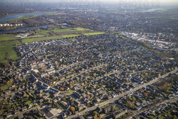Aerial view, Colony Meerbeck and local view Rheinkamp-Meerbeck, river Rhine, Mörs, Ruhr area, North Rhine-Westphalia, Germany, DE, Europe, distant view, property tax, real estate, aerial view, aerial photography, aerial photography, overview, bird's-eye view, residential complex, living and life, residential area, residential buildings, birds-eyes view, overview