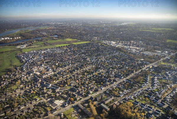 Aerial view, Colony Meerbeck and local view Rheinkamp-Meerbeck, river Rhine, Mörs, Ruhr area, North Rhine-Westphalia, Germany, DE, Europe, distant view, property tax, real estate, aerial view, aerial photography, aerial photography, overview, bird's-eye view, residential complex, living and life, residential area, residential buildings, birds-eyes view, overview