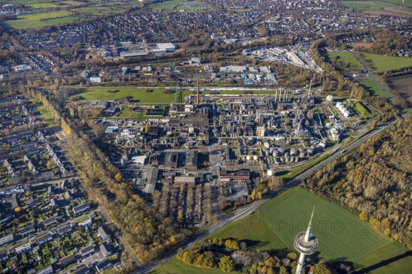 Aerial view, INEOS Solvents Gemany Mörs plant, Rheinkamp-Meerbeck, Mörs, Ruhr area, North Rhine-Westphalia, Germany, chemical plant, DE, Europe, commercial enterprises, commercial area, commercial park, commercial site, commercial use, industrial area, industrial building, industrial site, aerial photograph, aerial photography, aerial photography, overview, bird's-eye view, Ineos plant, birds-eyes view, overview