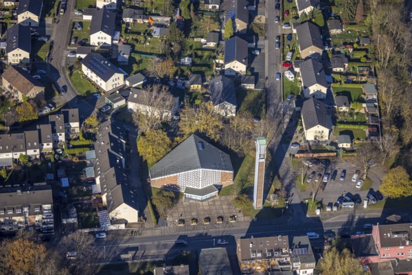 Aerial view, protestant church Meerbeck, Rheinkamp-Meerbeck, Mörs, Ruhr area, North Rhine-Westphalia, Germany, place of worship, Bismarckstraße, DE, Europe, religious community, place of worship, holy place, church, parish, denomination, aerial view, aerial photography, aerial photography, religion, religious site, overview, bird's-eye view, bird's-eye view, overview