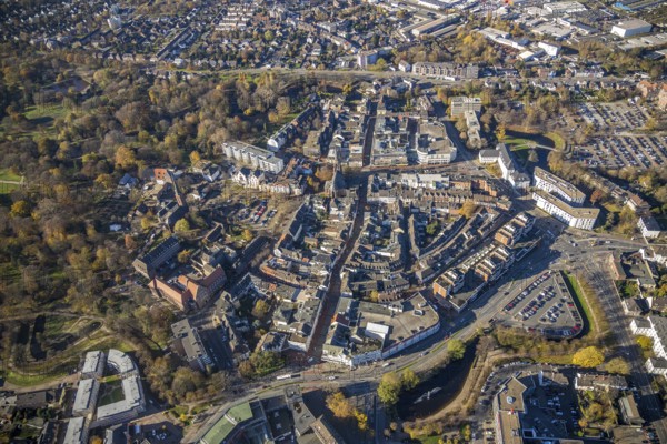Aerial view, Old Town, Wall Centre, Mörs Town Hall, Protestant Town Church, house facades Kirchstraße, district court, Mörs, Ruhr area, North Rhine-Westphalia, Germany, DE, Europe, Haagstraße, Hanckwitzstraße, fort, aerial view, aerial photography, aerial photography, overview, bird's-eye view, overview