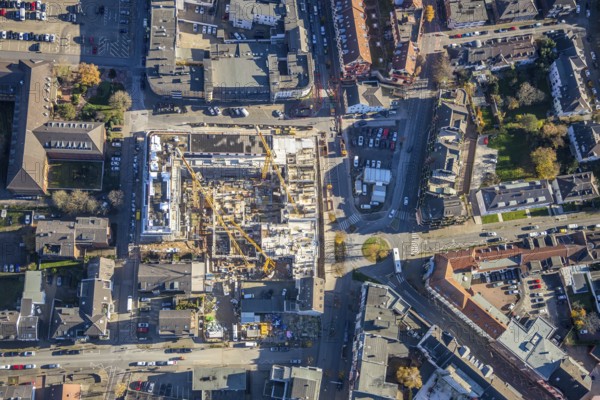 Aerial view, construction site new building Homberger Höfe, flats and commercial areas, formerly Horten, Mörs, Ruhr area, North Rhine-Westphalia, Germany, construction work, construction, construction area, construction site, building plots, construction crane, construction project, construction site, DE, Europe, commercial buildings, property tax, Homberger Straße, real estate, roundabout, roundabout, aerial view, aerial photography, aerial photography, new construction, overview, bird's eye view, residential complex, living and living, residential area, residential buildings, birds-eyes view, overview