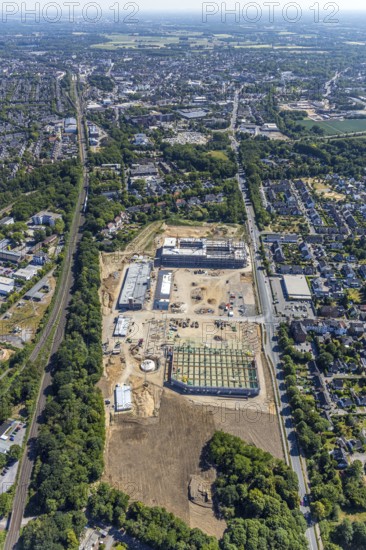 Aerial view, new building EDEKA administration building food retail beverage market, car park, Utfort, Mörs, Ruhr area, North Rhine-Westphalia, Germany, DE, Europe, birds-eyes, view, aerial photography, aerial photography, aerial photography, overview, overview, bird's eye view, food, beverages, fruit, vegetables