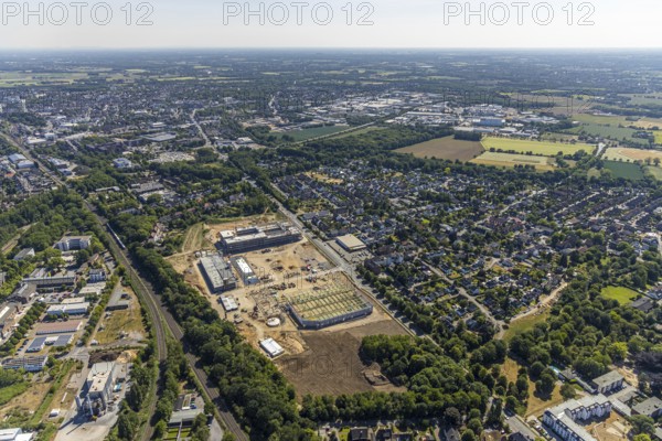 Aerial view, new building EDEKA administration building food retail beverage market, car park, Utfort, Mörs, Ruhr area, North Rhine-Westphalia, Germany, DE, Europe, birds-eyes, view, aerial photography, aerial photography, aerial photography, overview, overview, bird's eye view, food, beverages, fruit, vegetables