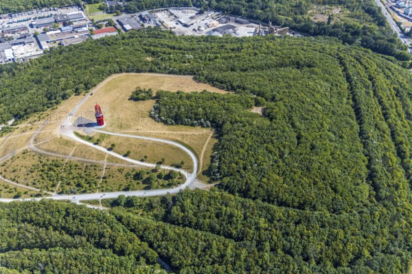 Aerial photograph, Rheinpreussen spoil tip, Das Geleucht, pit lamp, art object by Otto Piene on the Rheinpreussen spoil tip, the largest mining artwork in the world, Mörs, Ruhr area, North Rhine-Westphalia, Germany, DE, Europe, birds-eyes, view, aerial photograph, aerial photography, aerial photography, overview, overview, bird's eye view, mining, overburden, coal, colliery