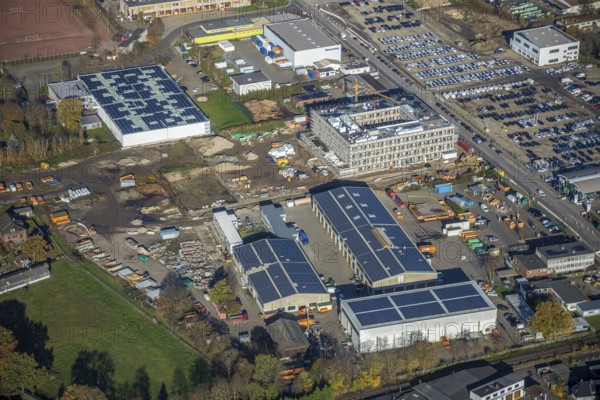 Aerial view, construction site, new building, industrial estate Hülsdonk, Am Jostenhof, Moers-Hülsdonk, Moers, Ruhr area, North Rhine-Westphalia, Germany, construction work, construction, construction area, building site, building plots, construction project, construction site, DE, Europe, commercial enterprises, commercial area, commercial park, commercial site, commercial use, industrial area, industrial building, industrial site, aerial view, aerial photography, aerial photography, new building, overview, bird's eye view, birds-eyes view, overview