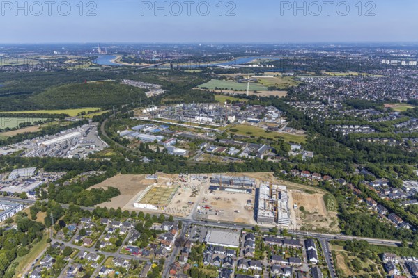 Aerial view, new building EDEKA administration building food retail beverage market, car park, Utfort, Mörs, Ruhr area, North Rhine-Westphalia, Germany, DE, Europe, birds-eyes, view, aerial photography, aerial photography, aerial photography, overview, overview, bird's eye view, food, beverages, fruit, vegetables