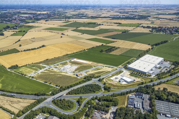 Aerial view, new industrial estate at Opmünder Weg, Prologis-Halle, industrial estate Soest-Ost, Soest, Soester Börde, North Rhine-Westphalia, Germany, DE, Europe, birds-eyes view, aerial photograph, aerial photography, aerial photography, overview, bird's eye view