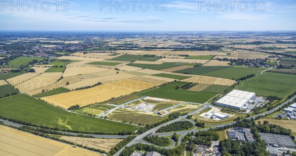 Aerial view, new industrial estate at Opmünder Weg, Prologis-Halle, industrial estate Soest-Ost, Soest, Soester Börde, North Rhine-Westphalia, Germany, DE, Europe, birds-eyes view, aerial photograph, aerial photography, aerial photography, overview, bird's eye view
