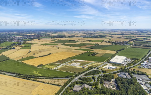 Aerial view, new industrial estate at Opmünder Weg, Prologis-Halle, industrial estate Soest-Ost, Soest, Soester Börde, North Rhine-Westphalia, Germany, DE, Europe, birds-eyes view, aerial photograph, aerial photography, aerial photography, overview, bird's eye view