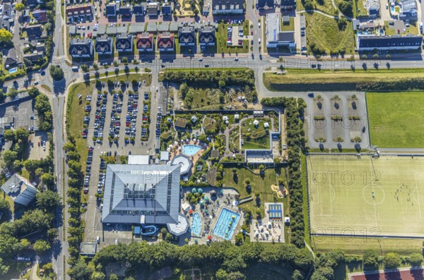 Aerial view, adventure pool, Aqua Spa and Aqua Fun Soest, outdoor pool, bathers, Soest, Soester Börde, North Rhine-Westphalia, Germany, DE, Europe, birds-eyes view, aerial view, aerial photography, aerial photography, overview, overview, bird's eye view