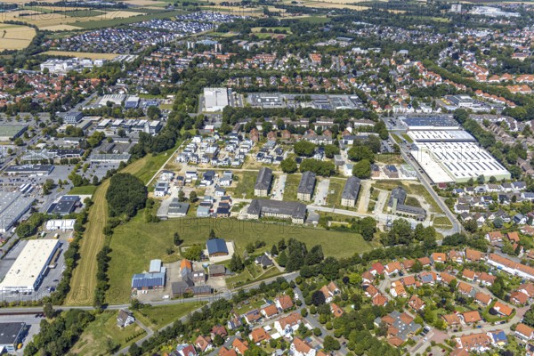 Aerial photograph, Adam Quartier Soest in the Belgian Quarter, Belgian Quarter on the site of the former Adam barracks, new-build flats, new-build area, Soest, Soester Börde, North Rhine-Westphalia, Germany, DE, Europe, birds-eyes view, aerial photograph, aerial photography, aerial photography, overview, overview, bird's eye view