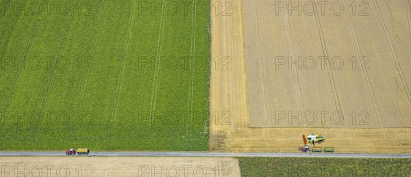 Aerial view, harvesting vehicles with straw bales in Ruploh, grain harvest, fields, Soest, Soester Börde, North Rhine-Westphalia, Germany, DE, Europe, birds-eyes view, aerial photography, aerial photography, overview, overview, bird's eye view