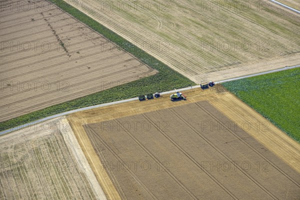 Aerial view, harvesting vehicles with straw bales in Ruploh, grain harvest, fields, Soest, Soester Börde, North Rhine-Westphalia, Germany, DE, Europe, birds-eyes view, aerial photography, aerial photography, overview, overview, bird's eye view